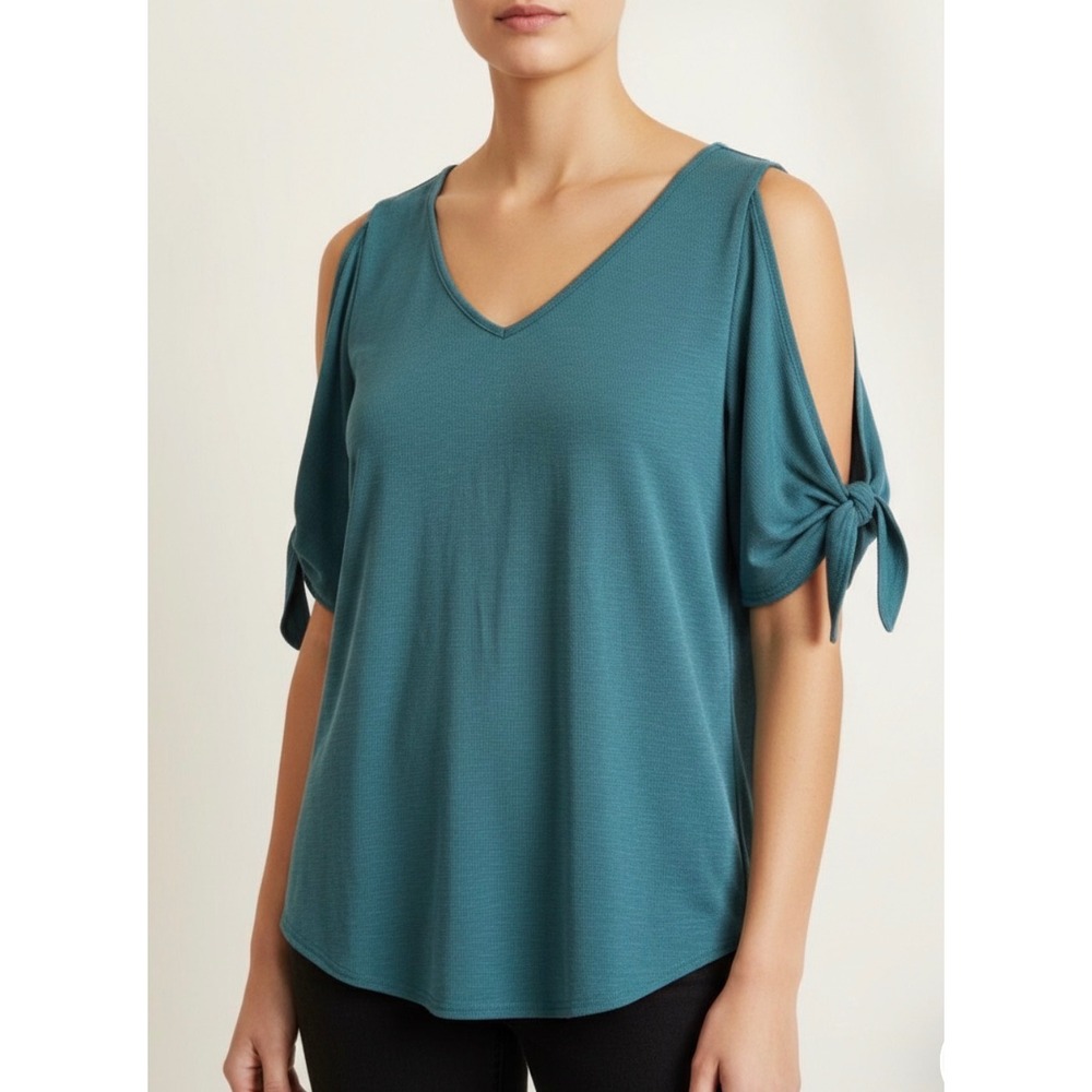 GREEN ENVELOPE Cold Shoulder Top Teal Ribbed V Neck Roll Tab Sleeve XS